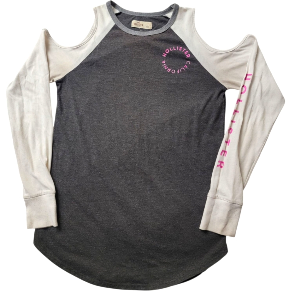 HOLLISTER Open Shoulder Long Sleeve Graphic Logo Raglan T-Shirt - Size Small